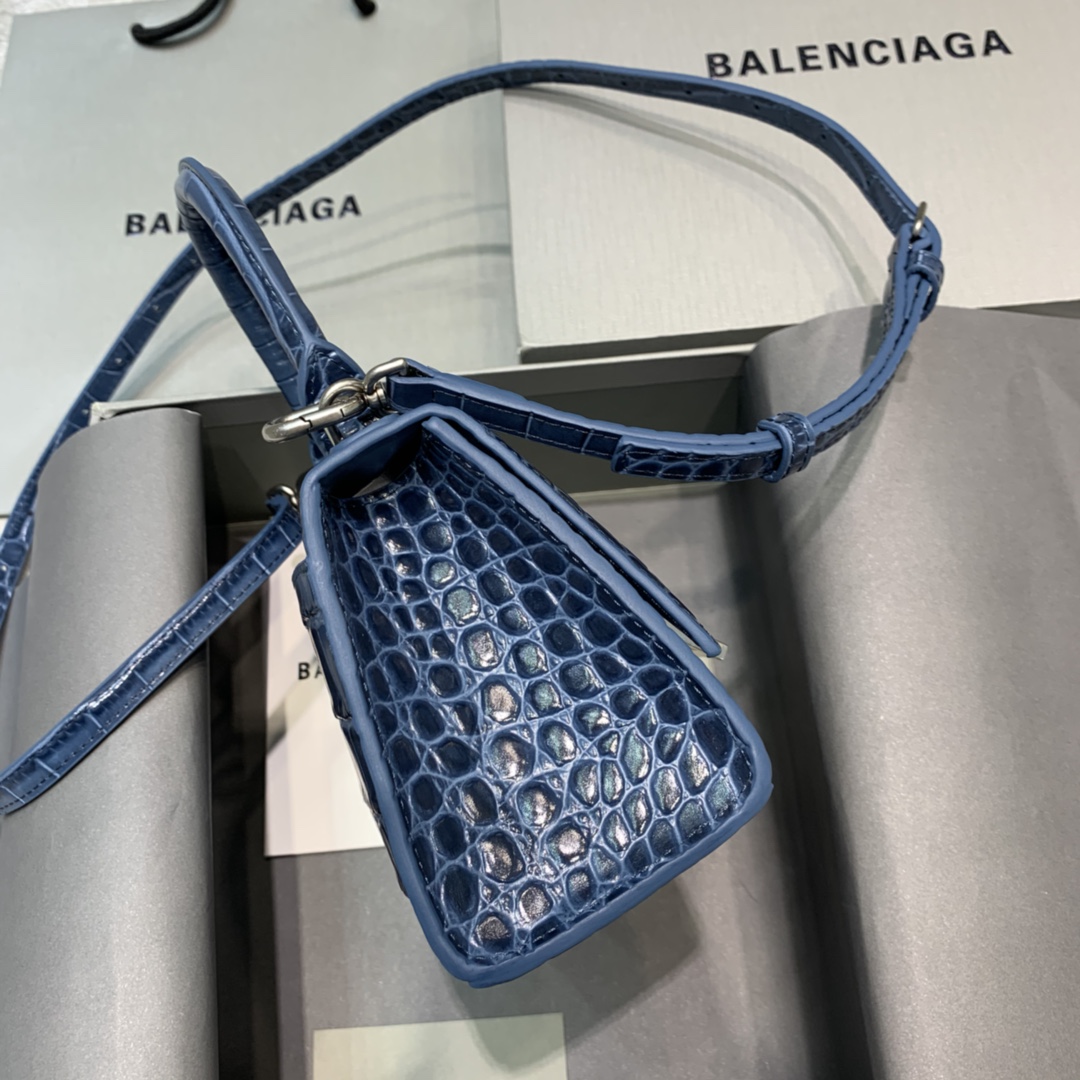 Balenciaga Hourglass XS Handbag Crocodile Embossed Shoulder Bag Gray Blue